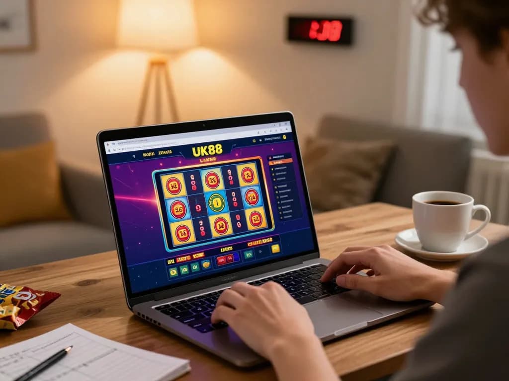 Player engaging with uk88 online casino, showcasing vibrant slots and gaming interface in cozy setting.