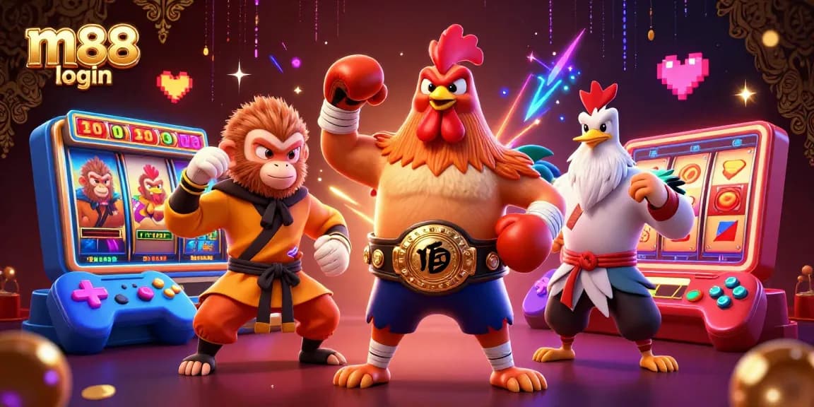 Experience thrilling wins at m88 login with a vibrant 3D illustration of a Muay Thai rooster and martial artists in a dynamic casino atmosphere.