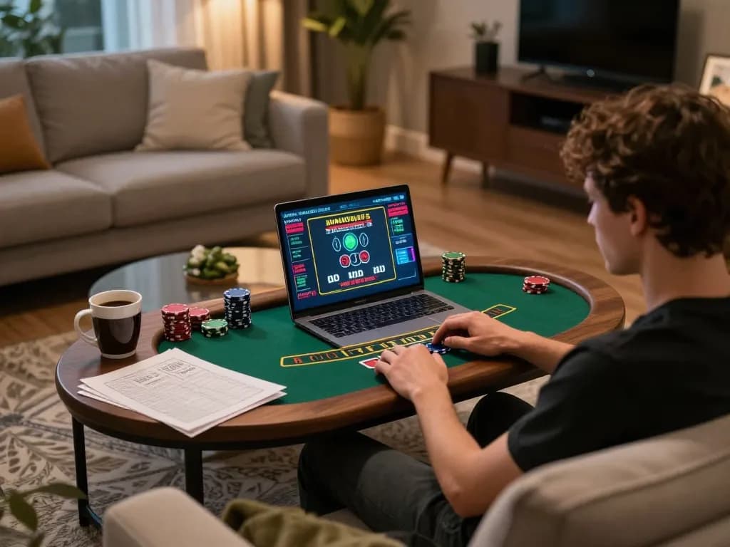 VIN88 player enjoying live dealer blackjack on laptop in a cozy home setting