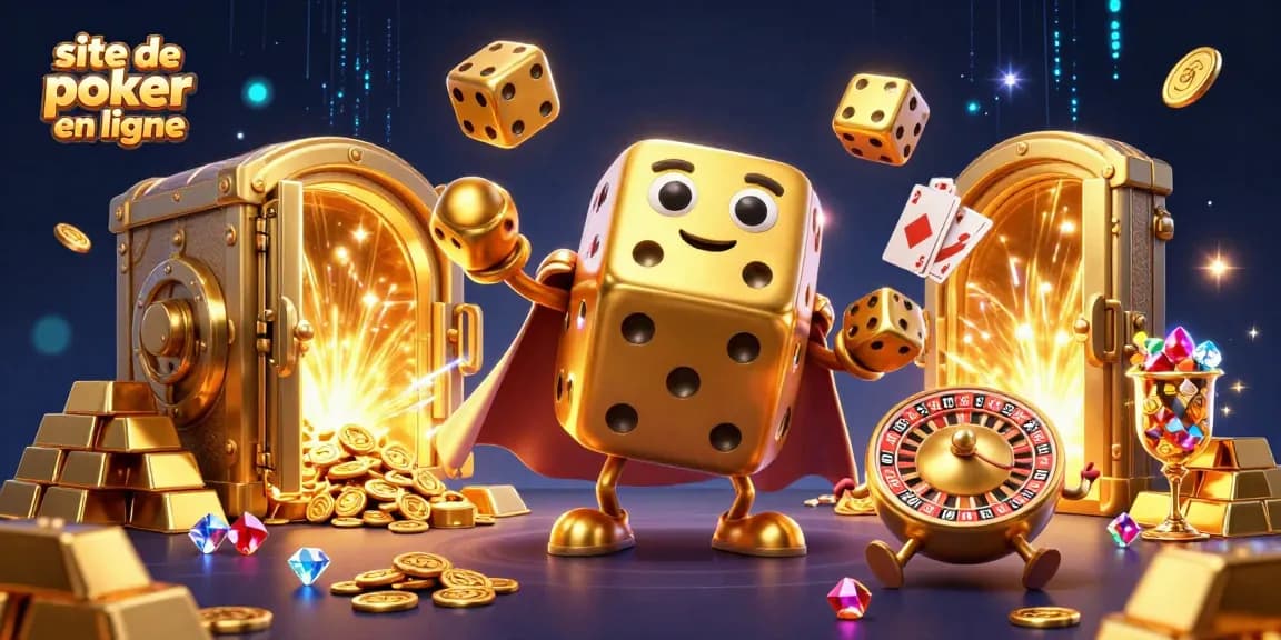 Jouez au poker en ligne sur un site de poker en ligne animé avec des dés d'or et des éléments de jeu.