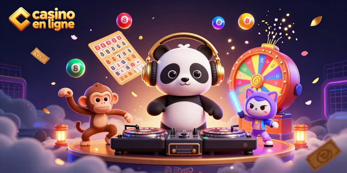 Vibrez avec le casino en ligne dans cette illustration 3D dynamique avec un panda DJ, un singe dansant et un chat animé.