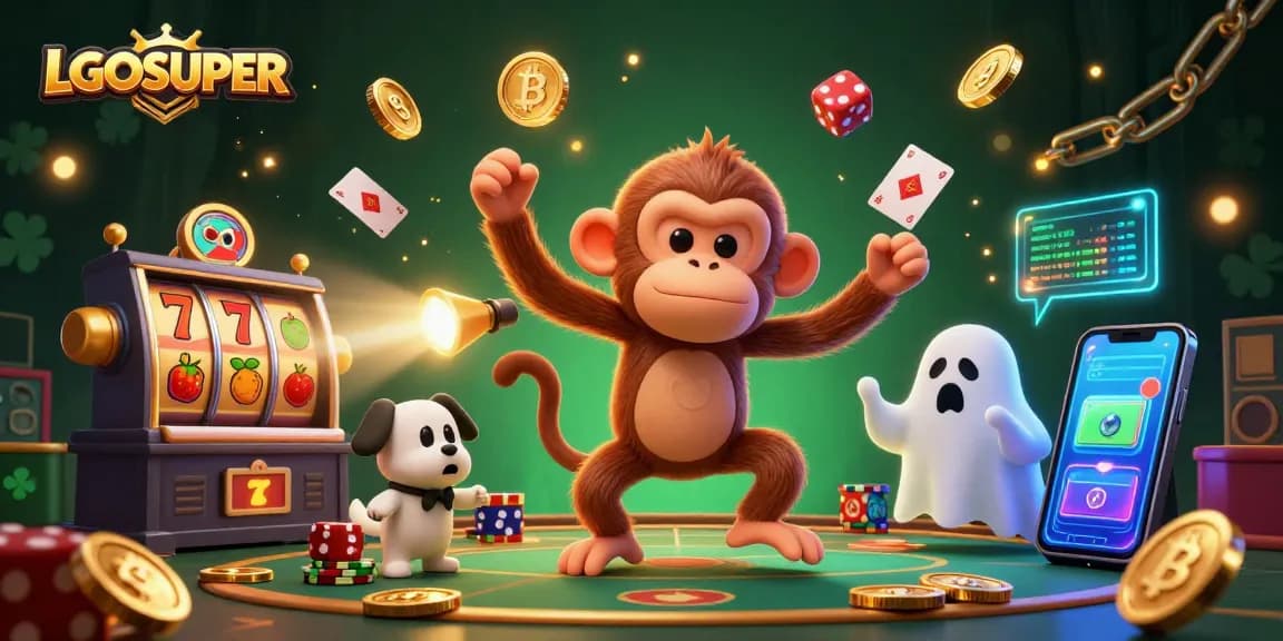 Engage with LGOSUPER in this lively haunted casino scene featuring a mischievous monkey juggling golden casino items.