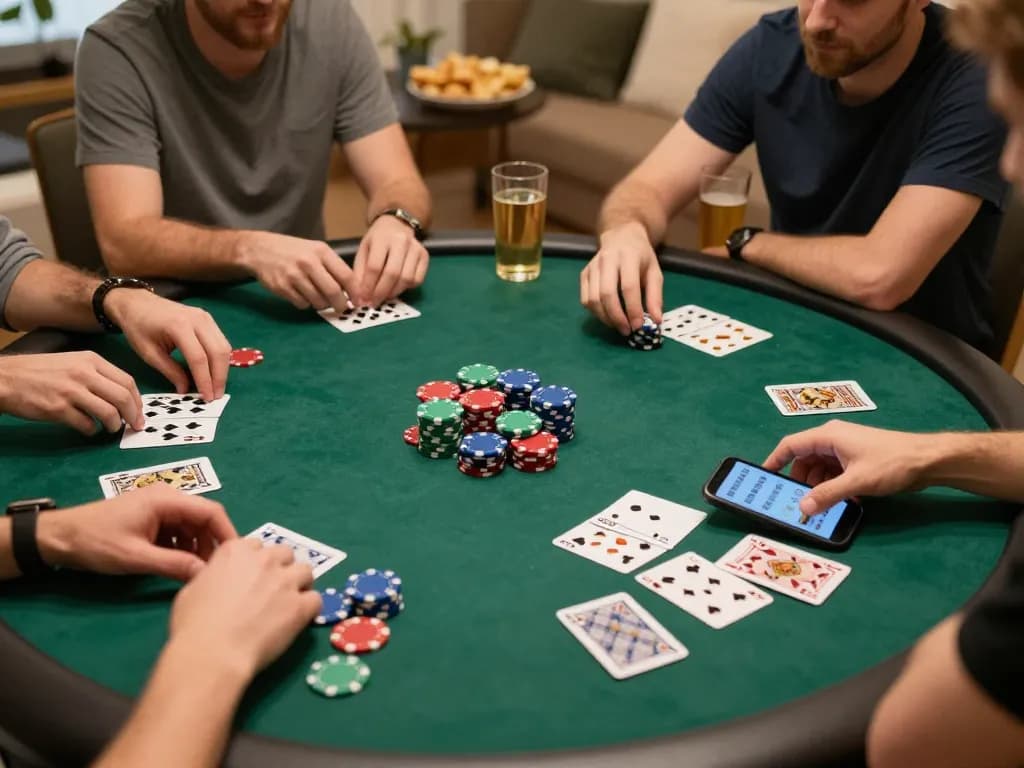 Friends enjoying a strategic poker night with 3win, colorful chips, and focused gameplay.