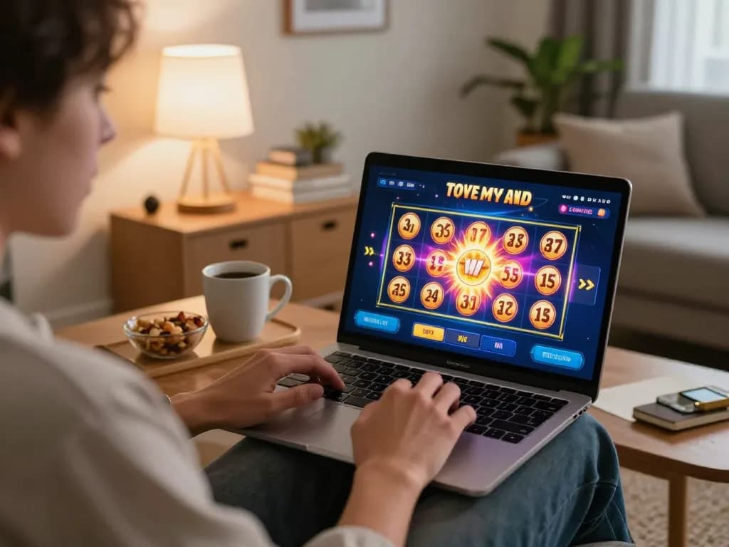 Experience exciting toto slot gameplay on a laptop in a cozy living room atmosphere.