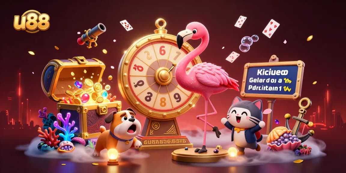 Engage with u88's vibrant casino scene featuring a flamingo host, bulldog contestant, and exciting prizes.