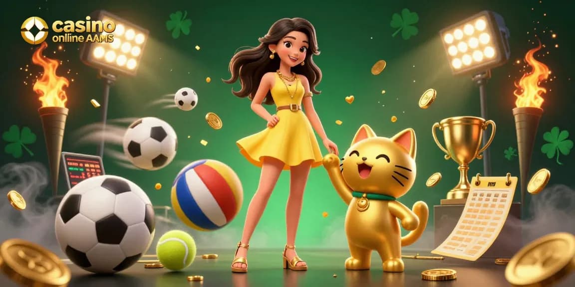Vivi l'emozione in un casino online non AAMS con una donna gioiosa, un gatto fortunato e dinamici elementi sportivi.