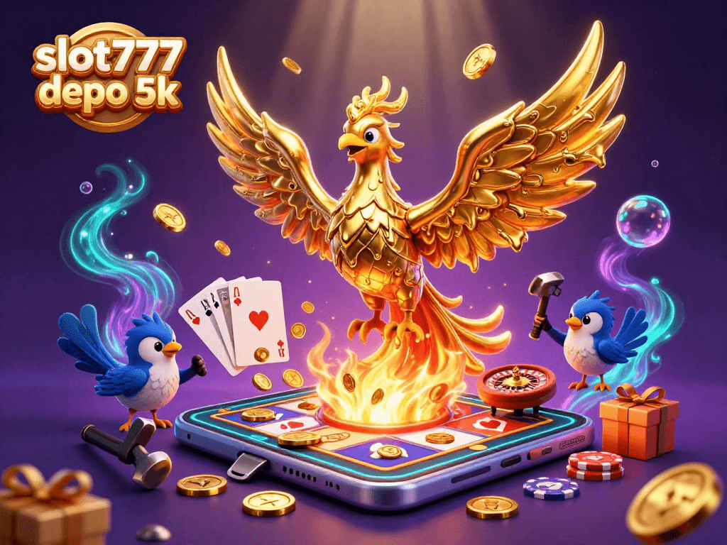 Engage with slot777 depo 5k showcasing a golden phoenix and slot game elements in a vibrant, magical atmosphere.