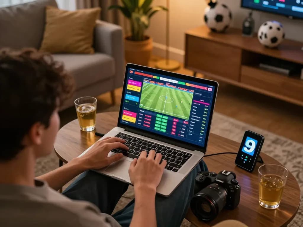 Engaged keobongda sports bettor analyzing live game odds on laptop at home