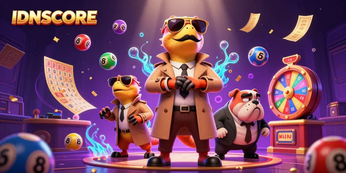 Experience IDNSCORE's vibrant lottery action with raptors infiltrating a VIP casino scene.