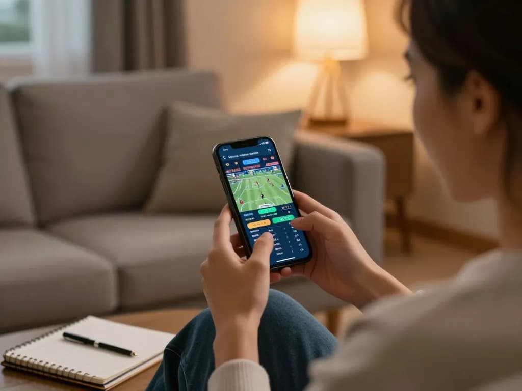 Engaged user placing bets on tv88's sports app in a cozy living room.