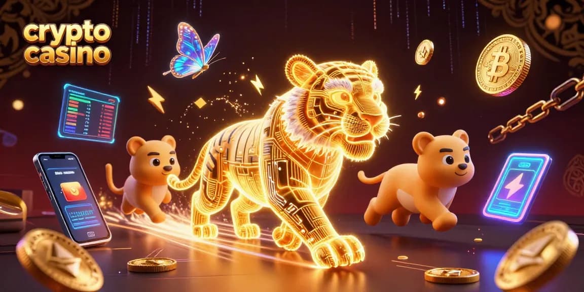 Un casino crypto vibrant avec un tigre doré néon et des éléments holographiques des cryptomonnaies.
