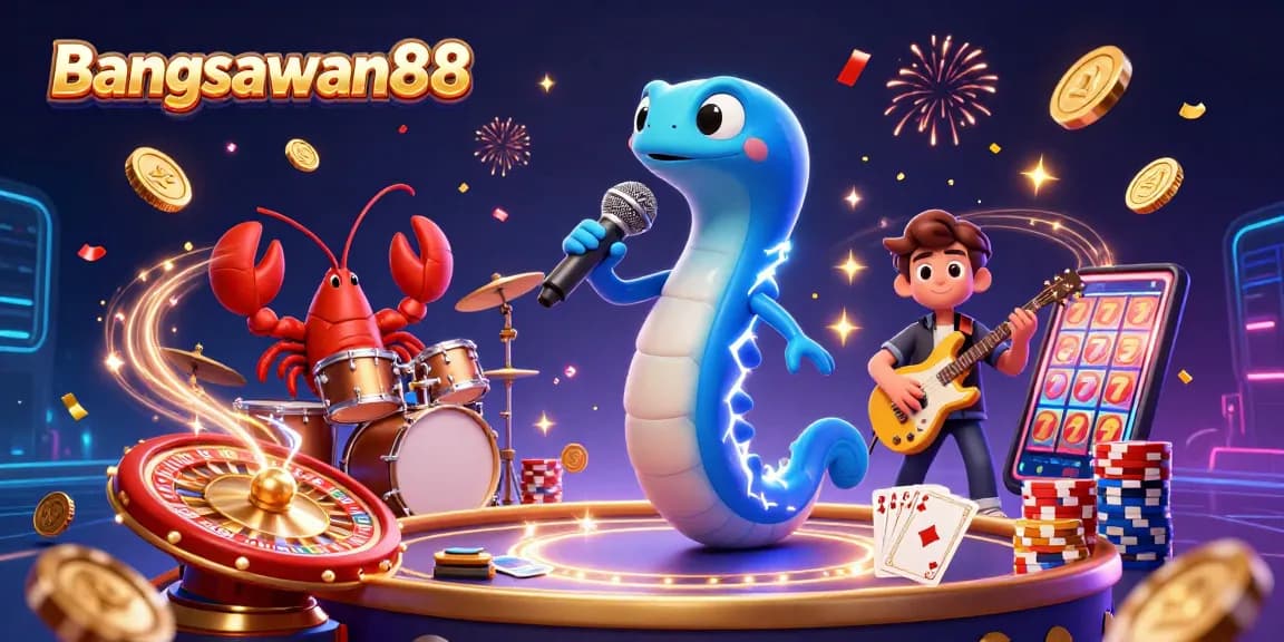 Bangsawan88 electrifies with a vibrant underwater casino scene where an electric eel DJ performs amidst cascading coins and poker elements.