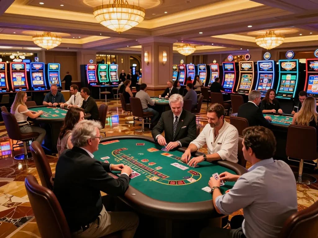Excited players engaging in a game at win678's luxurious casino floor.