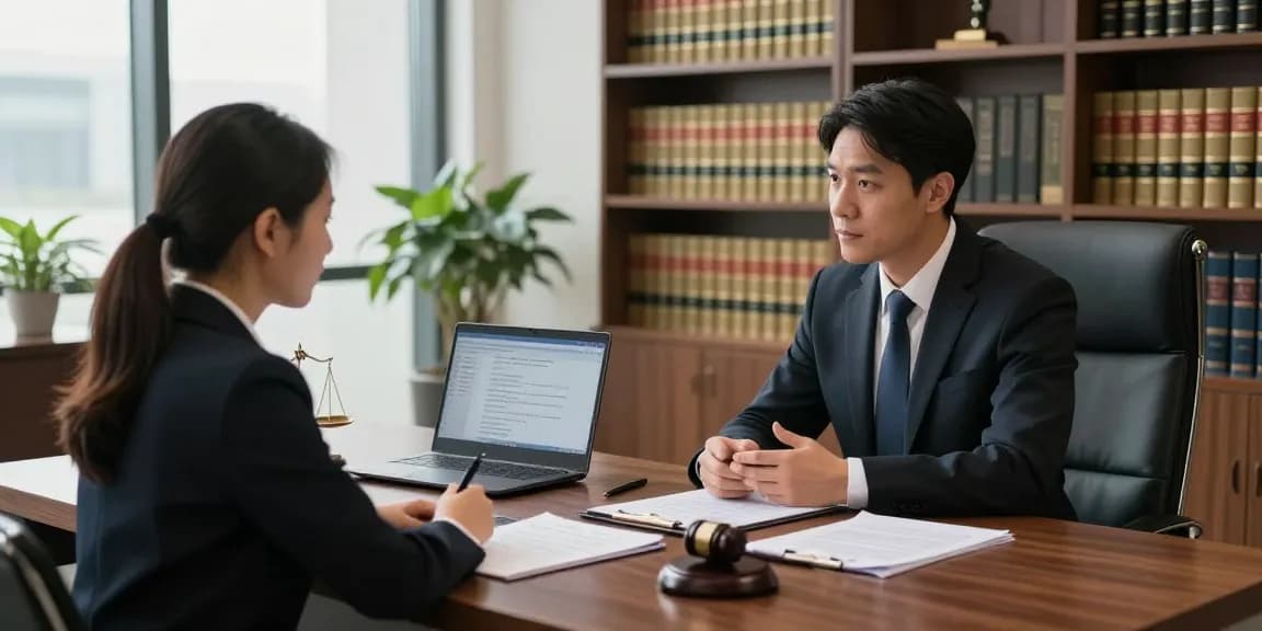 Criminal lawyer discussing legal strategies with a client in a professional office, representing محامي جنائي في السعودية.