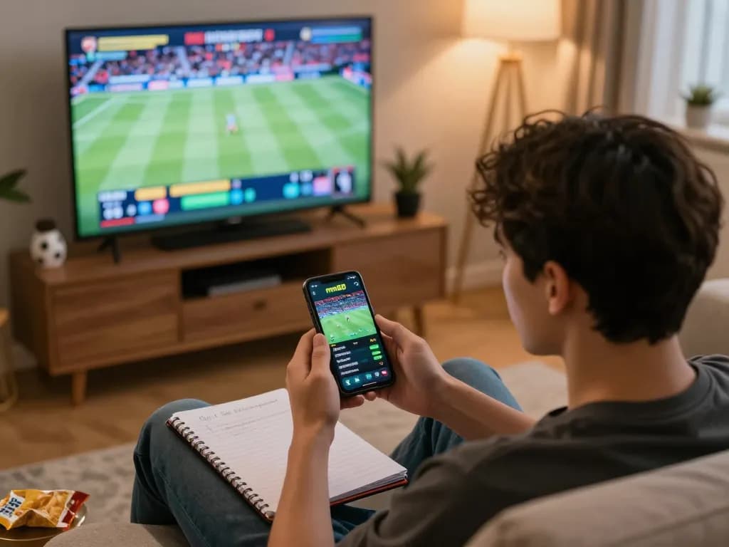 Engaged user placing live bets on the mm88 app while watching a sports event on TV.