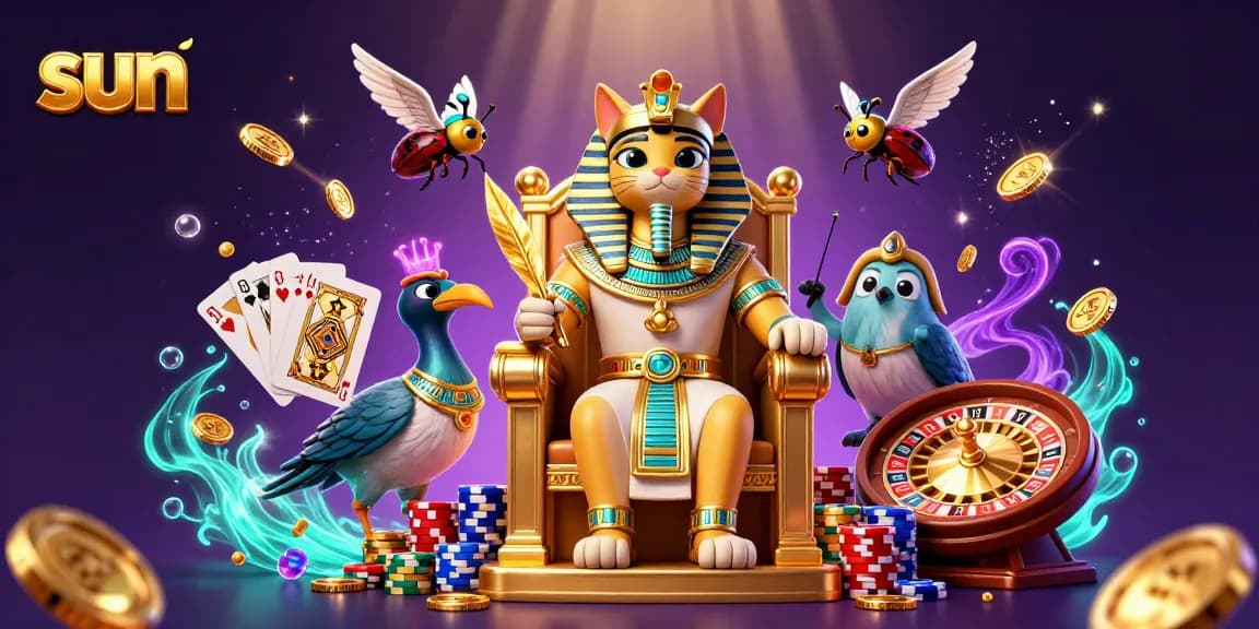 Win big with sun-themed slots as pharaoh cat spins riches in a vibrant casino.