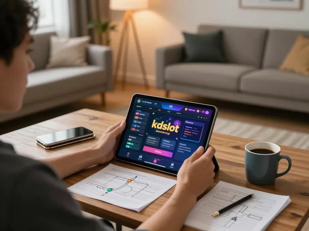 Person enjoying an online kdslot game on a tablet in a cozy living room.