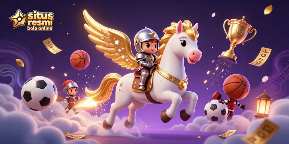 Sparkling scene showcasing 3D characters amidst sports balls, betting slips, and dynamic visuals in situs resmi bola online.