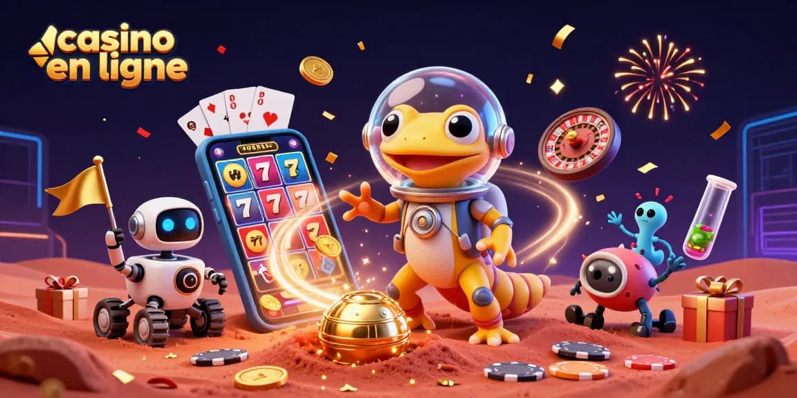 Vivez une expérience de jeu unique avec ce casino en ligne, mettant en avant un gecko martien et des éléments festifs.