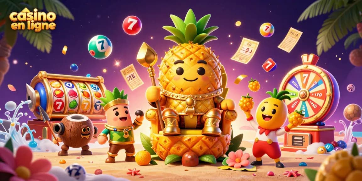 Jeux passionnants au casino en ligne : un roi ananas entouré de loteries et de jackpots.