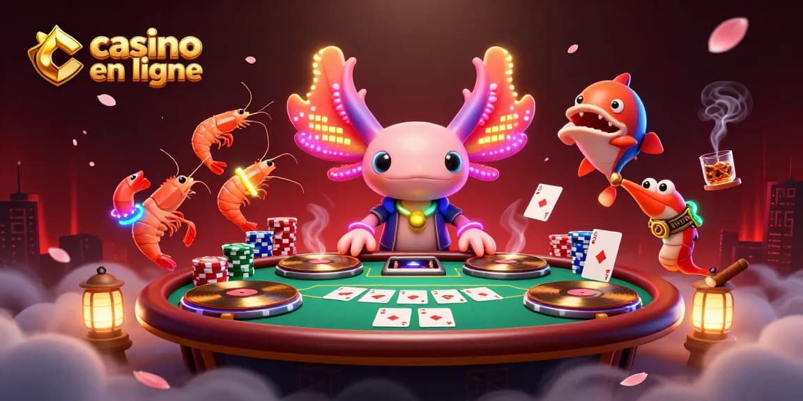 Illustration vibrante d'un DJ axolotl néon dans un casino en ligne entouré de crevettes et de poisson.