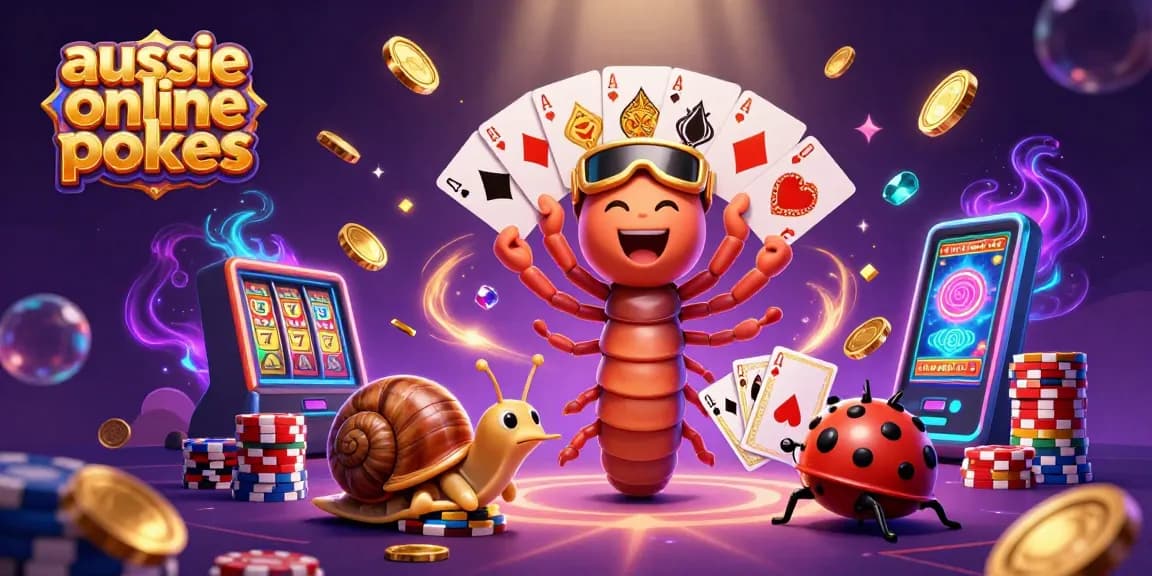 Aussie online pokies scene featuring a millipede dealer and vibrant slot elements.