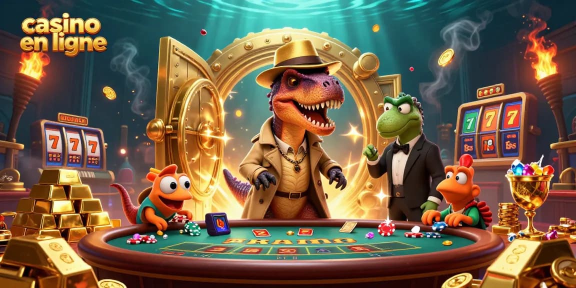 Placez vos jetons au casino en ligne avec des dinosaures dans une illustration détaillée pleine de gemmes et d'or.