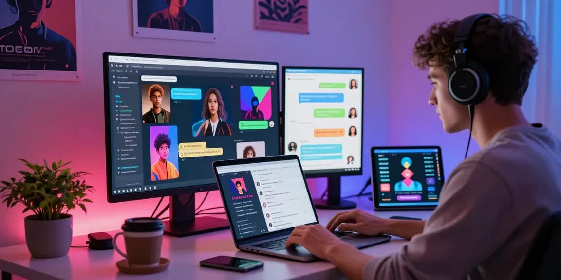 Engaging NSFW AI chat scene featuring character customization in a modern workspace.
