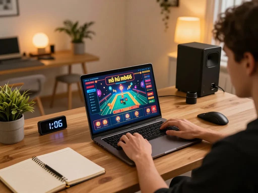 Engaging in nổ hũ mb66 gameplay on a laptop in a cozy home office setting