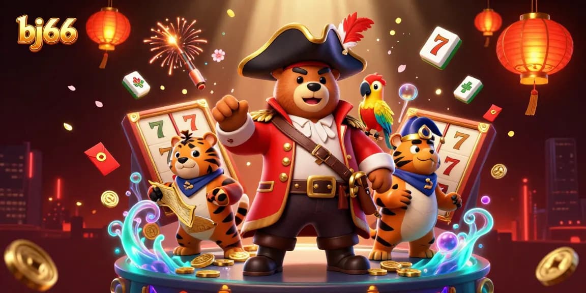 Engage with bj66 in a vibrant 3D illustration showcasing lively casino slots action and interactive elements.