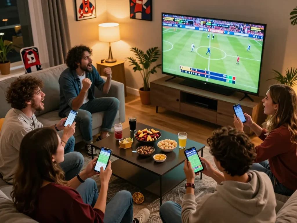 Friends engaging in sports betting excitement while watching live matches at home, exploring vipwin betting options.