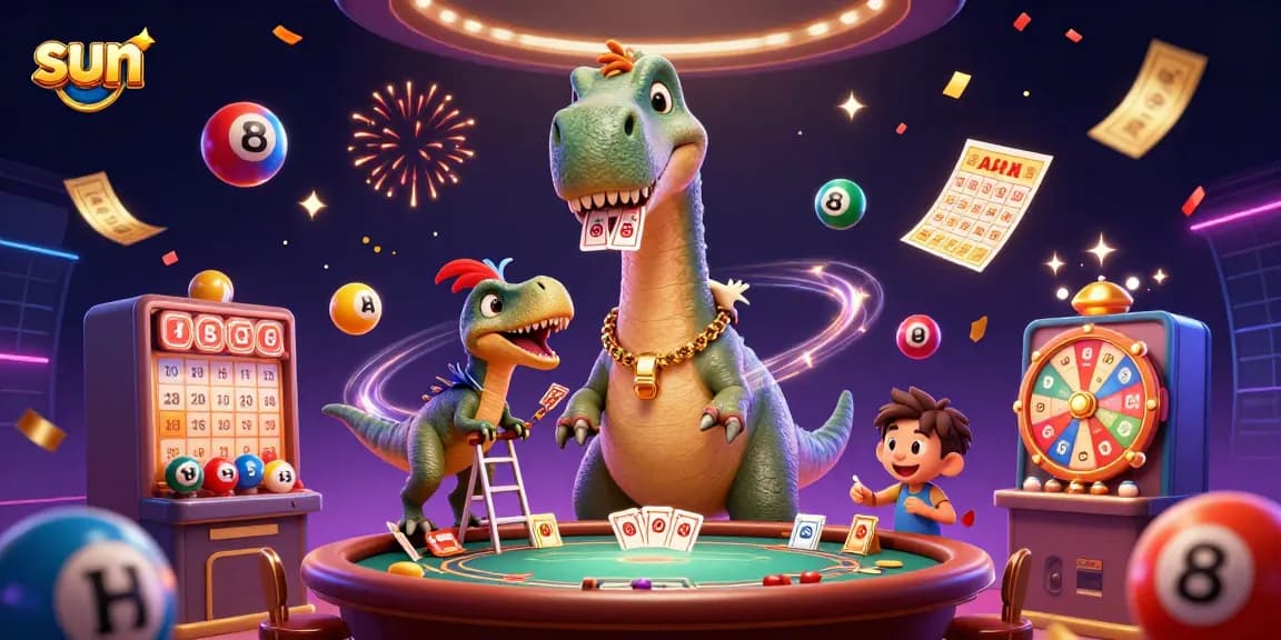 Sun-themed 3D casino scene with brontosaurus, raptor dealer, and vibrant lottery elements