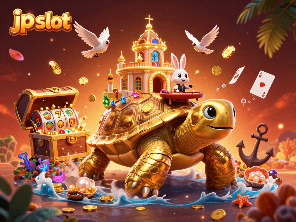 Spin the jp slot reels in a vibrant 3D casino scene featuring a golden tortoise and playful characters.