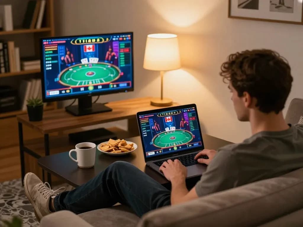 Engaging in online casinos in Canada, a gamer plays poker at home with strategy notes.