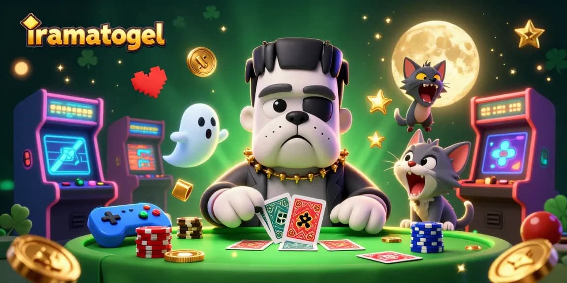 Gambarkan iramatogel dengan monster anjing Frankenstein dan elemen kasino yang menarik.