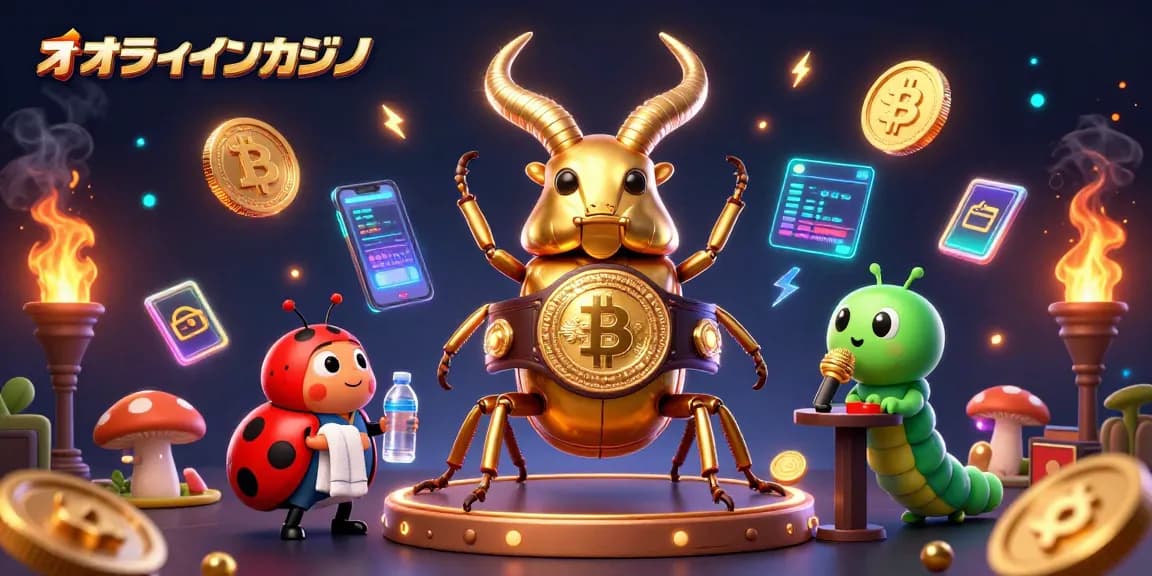 オンラインカジノでの勝利を目指す黄金のカブトムシたちが登場するカラフルなイラスト