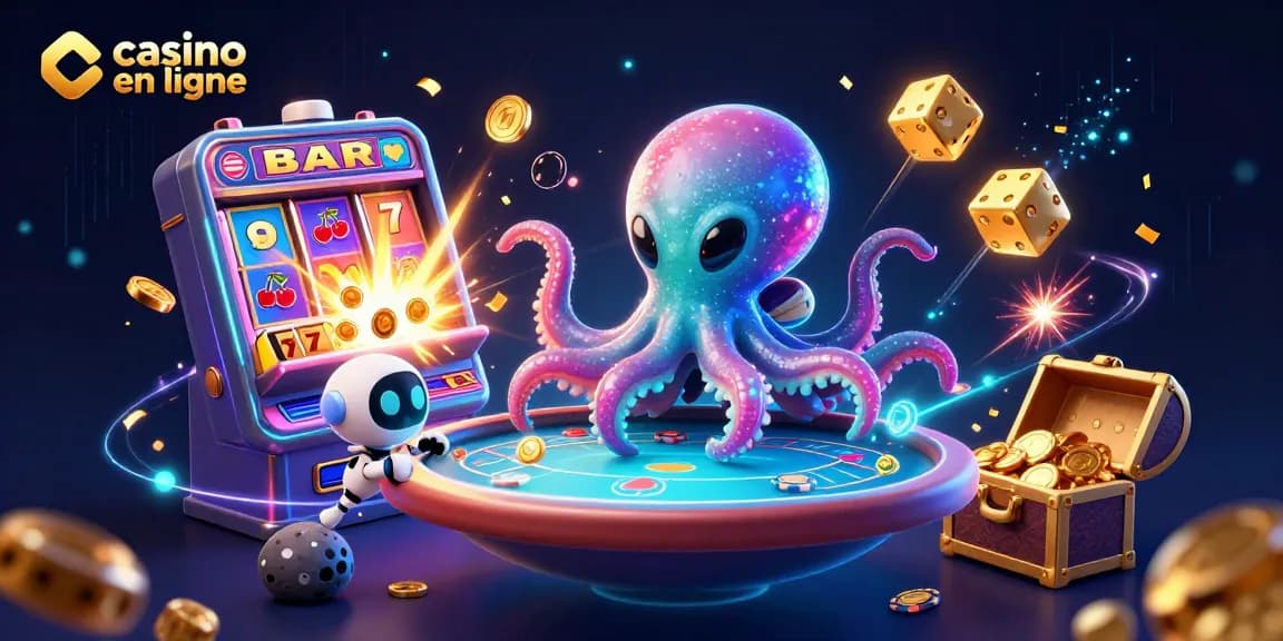 Jouez à des jeux de casino en ligne avec une illustration d'un poulpe extraterrestre et un robot.