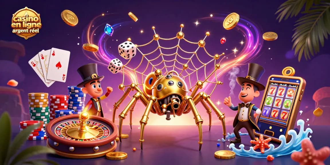 Visualisez une illustration dynamique de casino en ligne argent réel avec une araignée steampunk et des jetons de poker