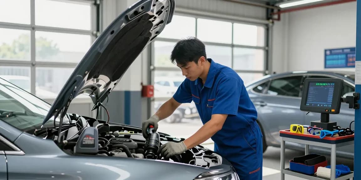 Professional oil change service with a technician performing maintenance in a well-lit garage.