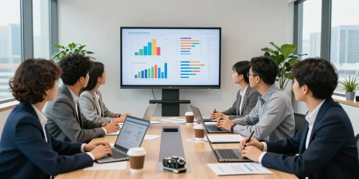 Team discussing business energy prices in a modern office environment with charts and laptops.
