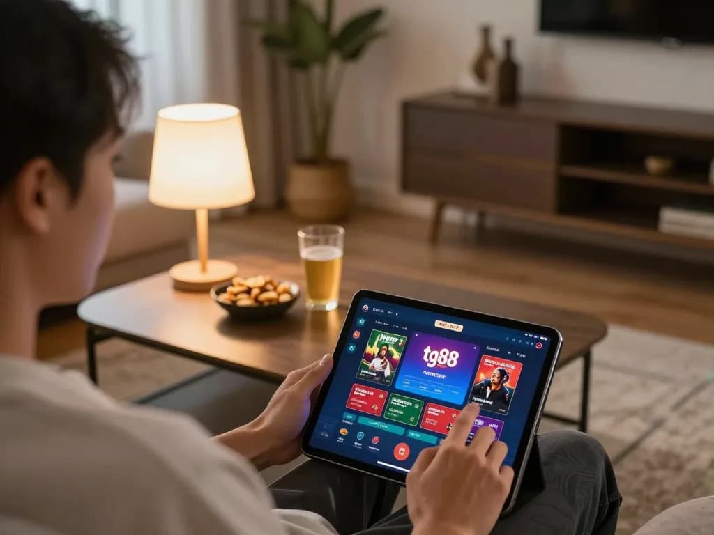 Person playing tg88 online casino app on tablet in a cozy living room.