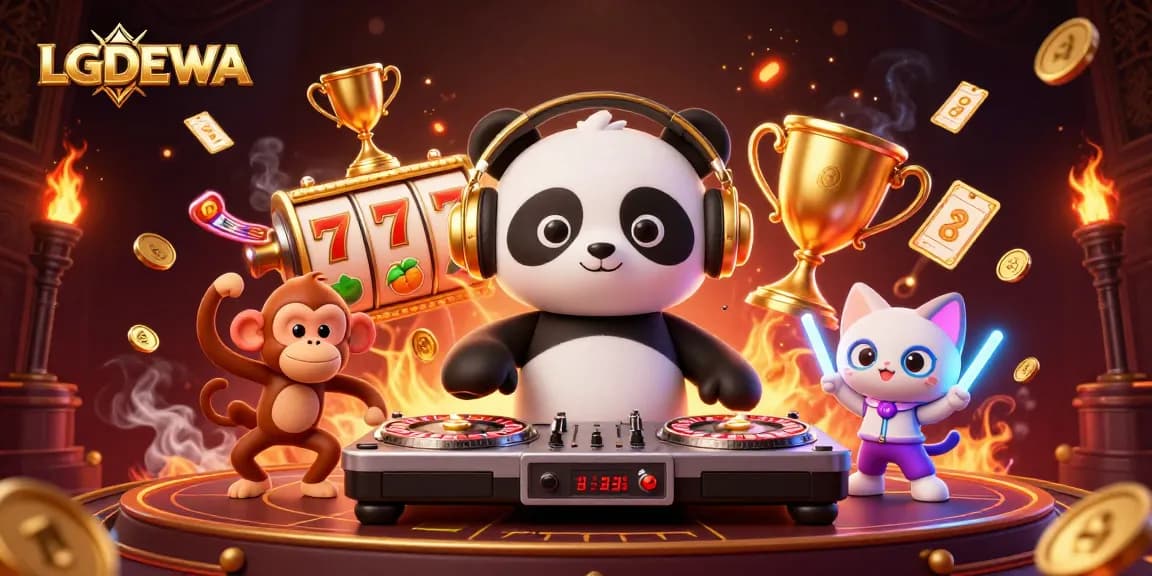 Engage with LGODEWA's exciting slots in a vibrant, illuminated casino scene full of energy.