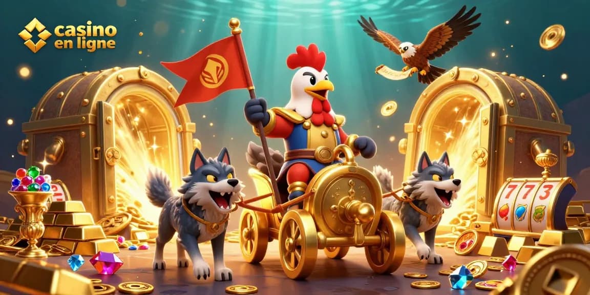 Jouez sur casino en ligne avec des personnages dynamiques, des trésors en or, et des machines à sous.