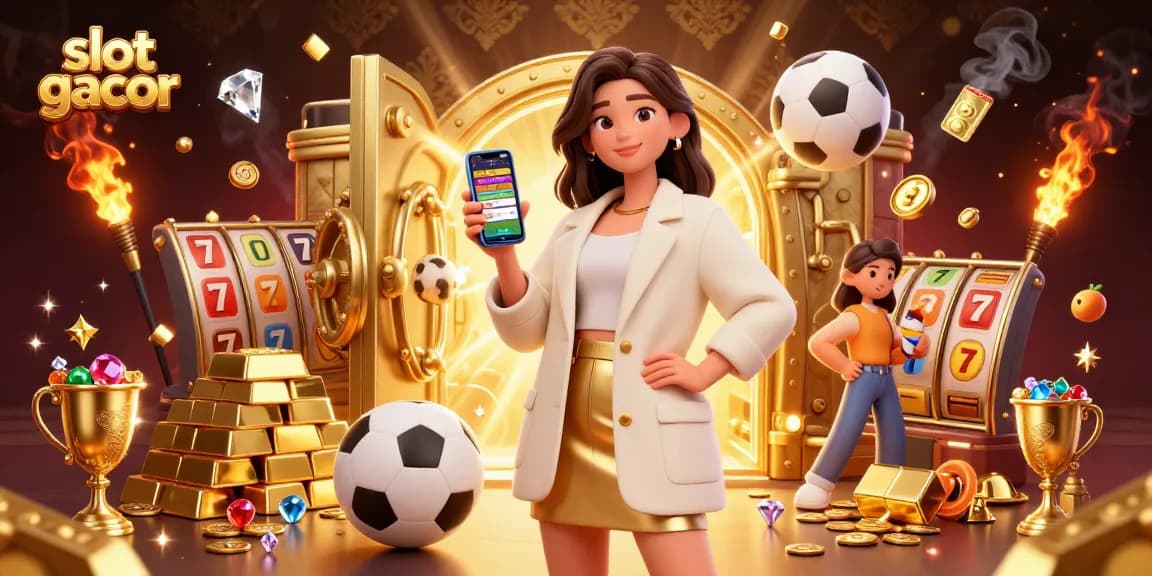 Experience the excitement of slot gacor while engaging with a vibrant Asian woman showcasing a sports betting app in an ultra-detailed casino scene.
