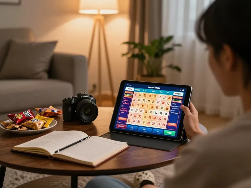 Playing toto togel online on a tablet in a cozy living room, showcasing a vibrant gaming atmosphere.