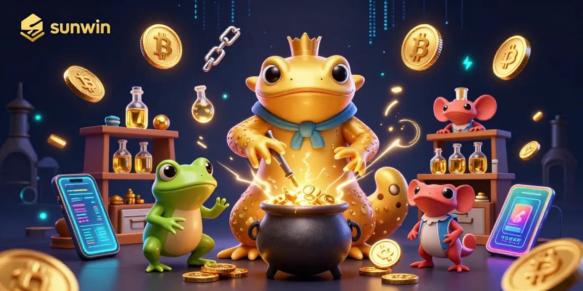 Join the thrilling gaming experience at sunwin with a dynamic scene of alchemy and cryptocurrency.