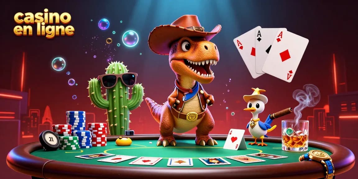 Casino en ligne : des jeux palpitants autour d'une table de poker avec un dinosaure et des amis.