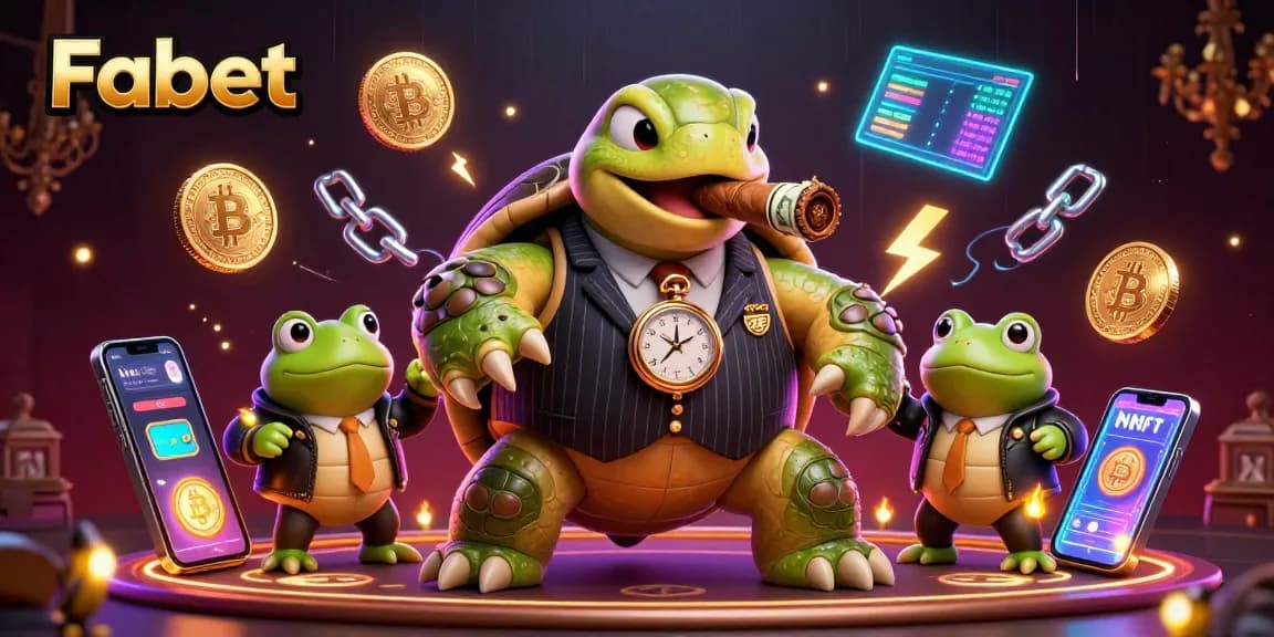 Experience Fabet's vibrant 3D casino scene with a snapping turtle and bullfrog enforcers amidst glowing crypto elements.