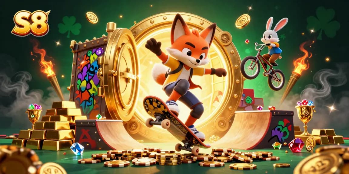 S8 involved in an exciting kickflip scene with cartoon characters amidst golden treasures and casino symbols.