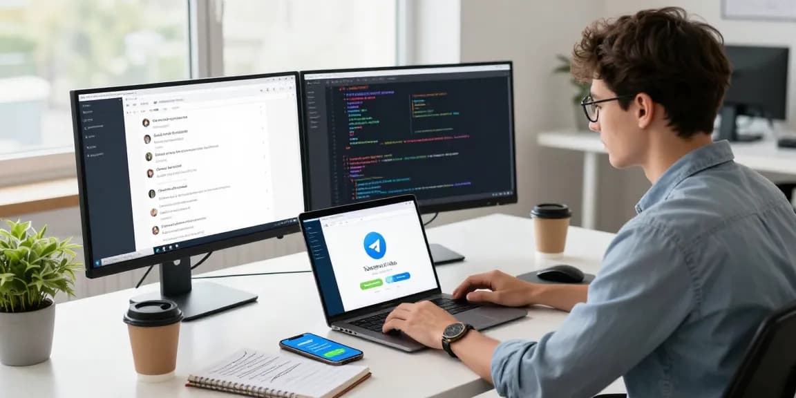 Professional using Telegram Web Version on a laptop in a stylish workspace.